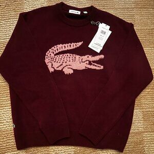 Lacoste x Bandier burgundy pink cashmere crocodile contrast sweater NWT